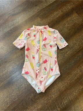 Mini Boden Pink Striped One-Piece Swimsuit with Ice Cream Print 9-10